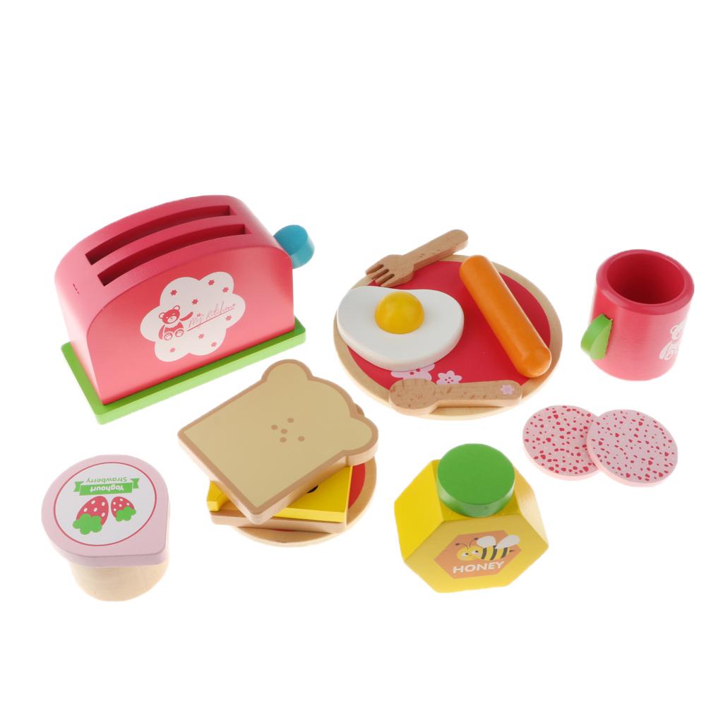 Role Play Wooden Food Toy Set Breakfast Cheese Plates Bread Yogurt Fried Egg