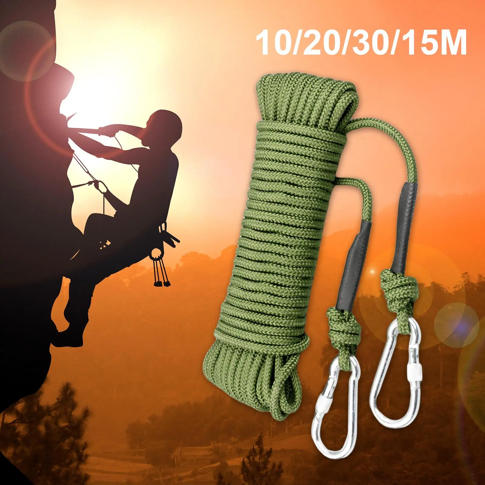 8 mm Climbing Rope  with 2 Carabiners Rappelling Rope Safety High Strength  Resistant Core for  Emergency