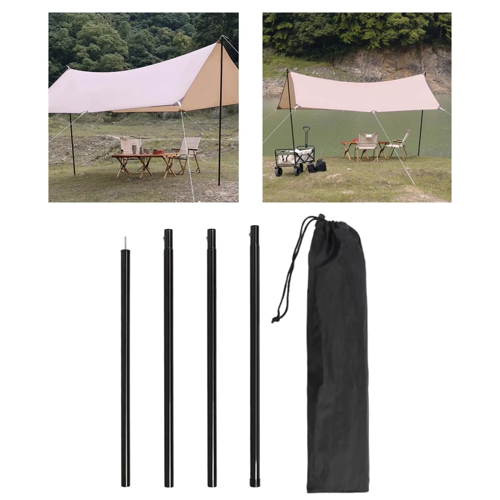 4 Pieces Tarp Poles Tent Rods Garden Shelter Awning Support Poles with Storage Bag Detachable for Camping Backpacking Hiking