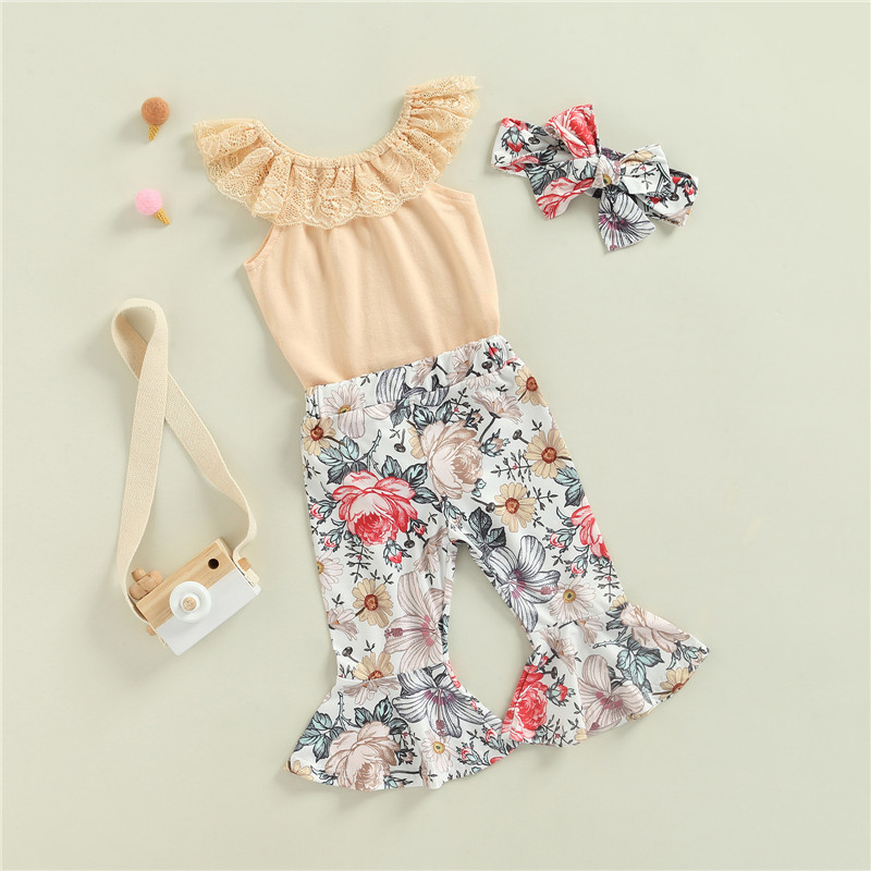 Lovely Infant Baby Girls Summer Clothes Solid Lace Flower Ruffles Bodysuits Tops+Floral Print Flare Long Pants Casual Outfits baby clothes set gift