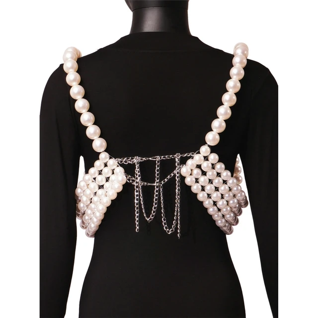 Sexy Pearls Beaded Bustier Corset Crop Top Club Party Cage Bra