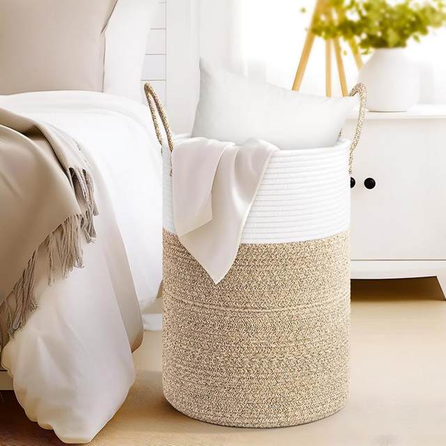 Large 58L Woven Rope Laundry Basket - Tall Hamper For Towels, Toys, Clothes, Black, 38x51cm With Handles