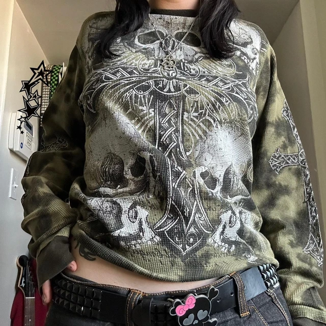 2000s Cyber Grunge Cross Skull Print T-shirt Y2K Autumn Long Sleeve Loose  Tees E Girl Gothic Mall Goth Pullovers Tops Women Men