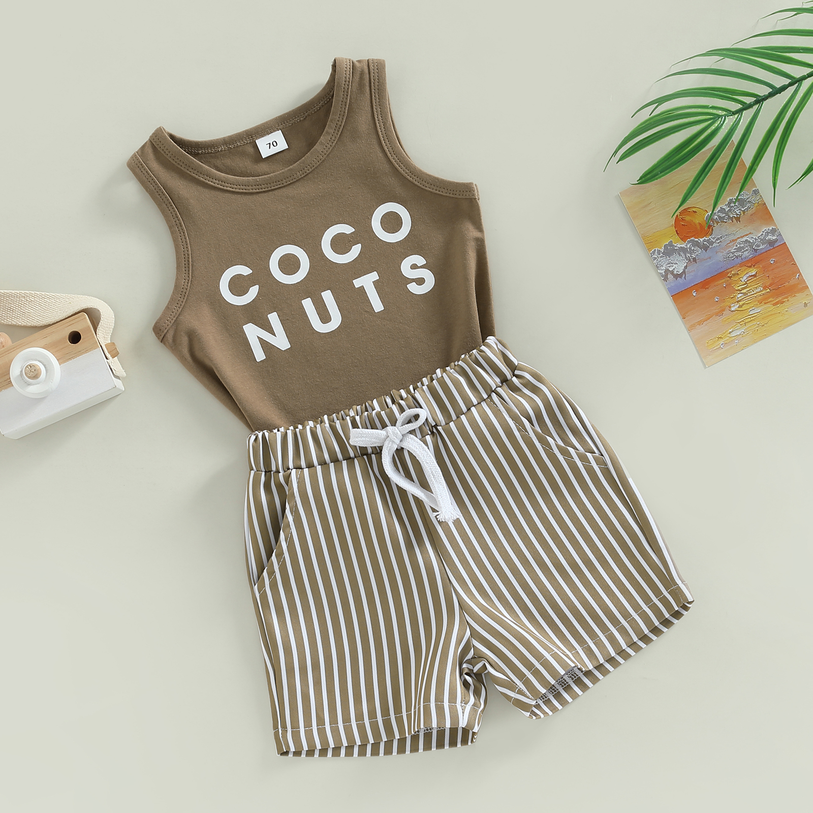 Sommer-Outfits für Neugeborene, Jungen, Briefdruck, ärmellose Tanktops und Stretch, lässige gestreifte Shorts mit Kordelzug, 0–3 Jahre – Detail 2