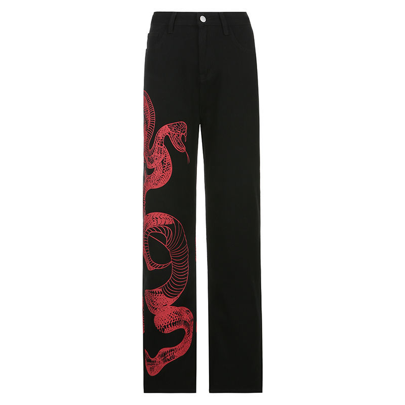 Calças de Brim Total em Linha Femininas Estilo Escuro Cintura Alta Comprimento Reta Cobra Padrão Calças 2022 Primavera Streetwear Senhoras Jeans Moda 7 Computers & Electronics
