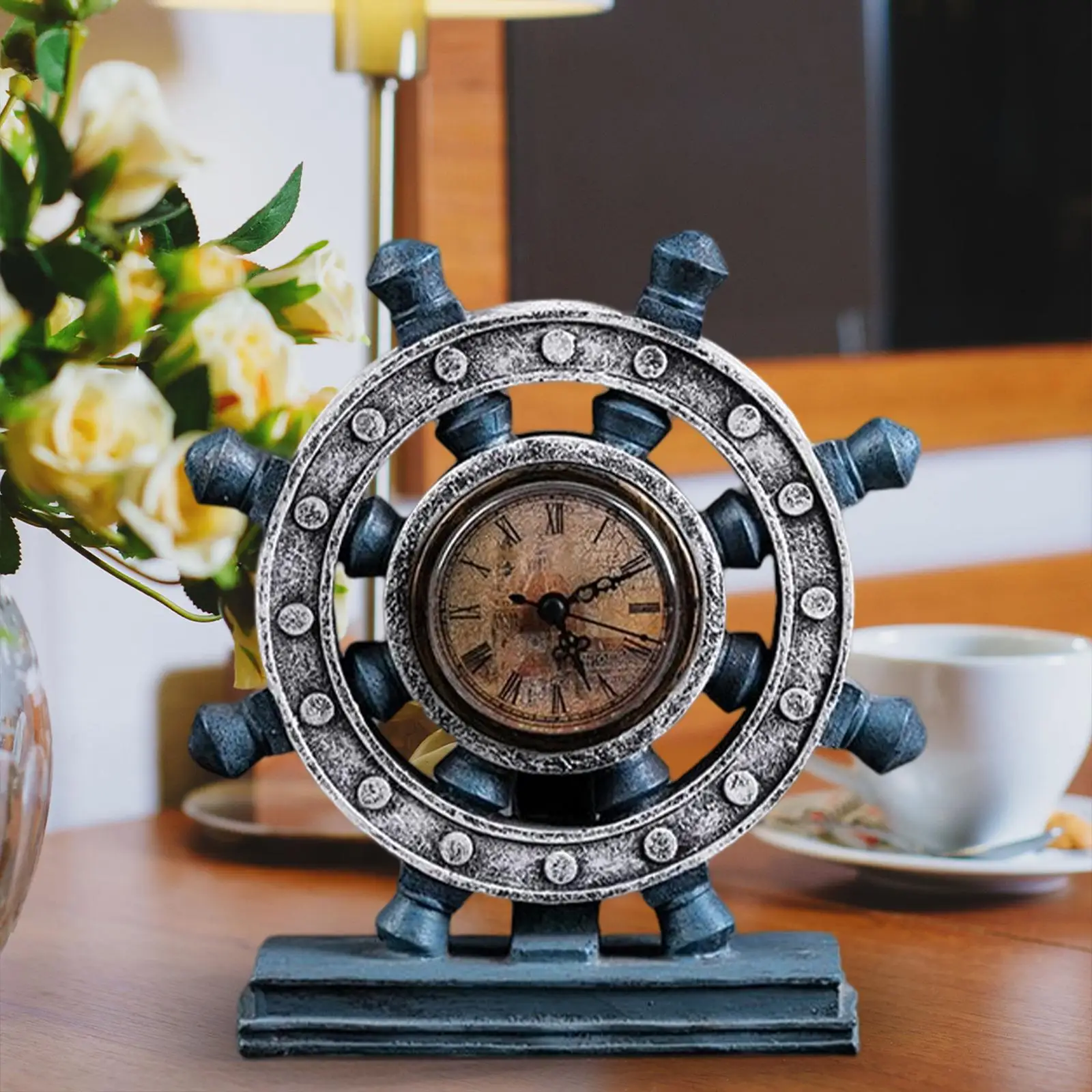 Vintage Style Desk Clock Ship Wheel Silent Rudder Beach Sea Theme Nautical for Mantel Laundry Bedroom Office Decor