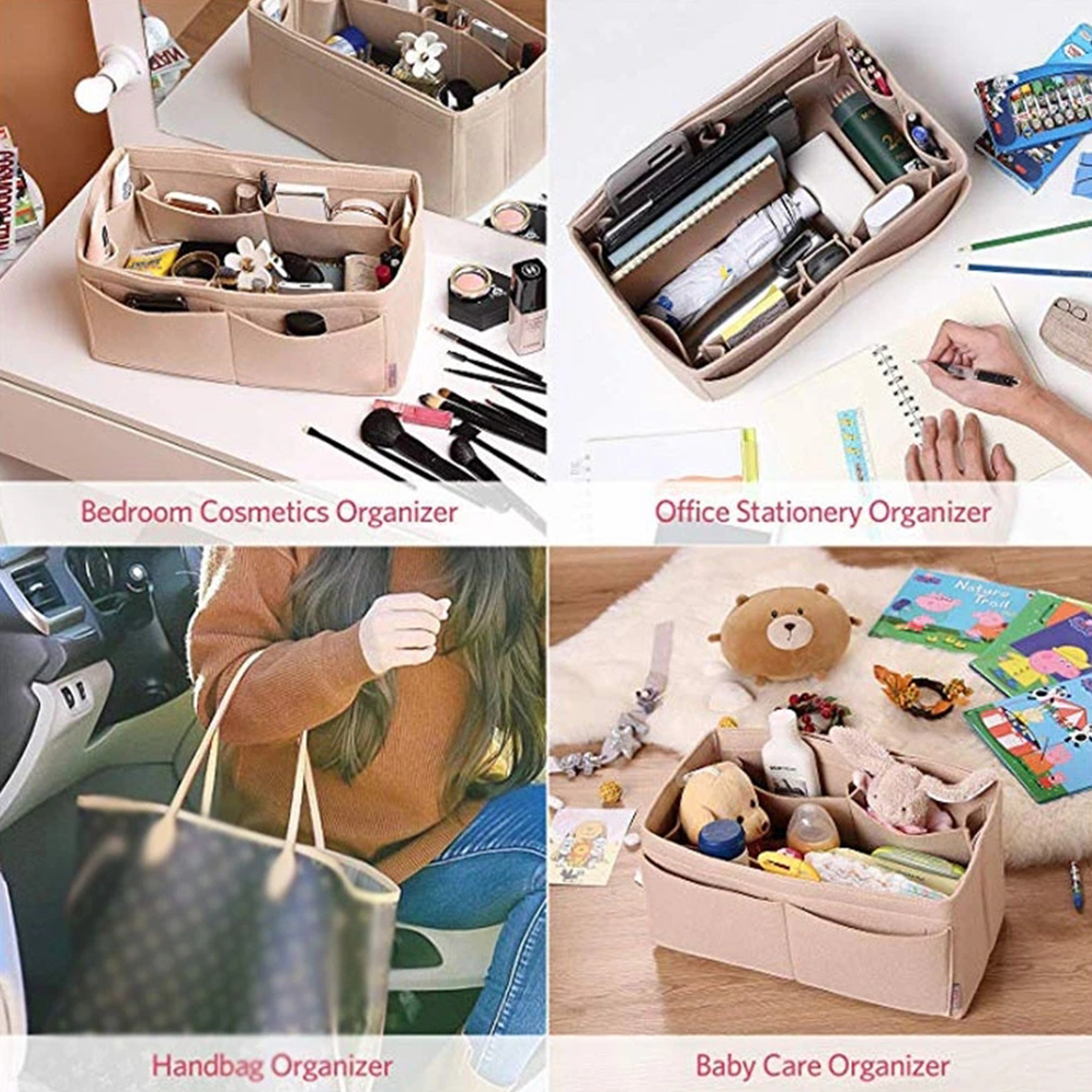 Makeup Organizer Bag Felt Cloth Cosmetic Insert Organizer Multipockets