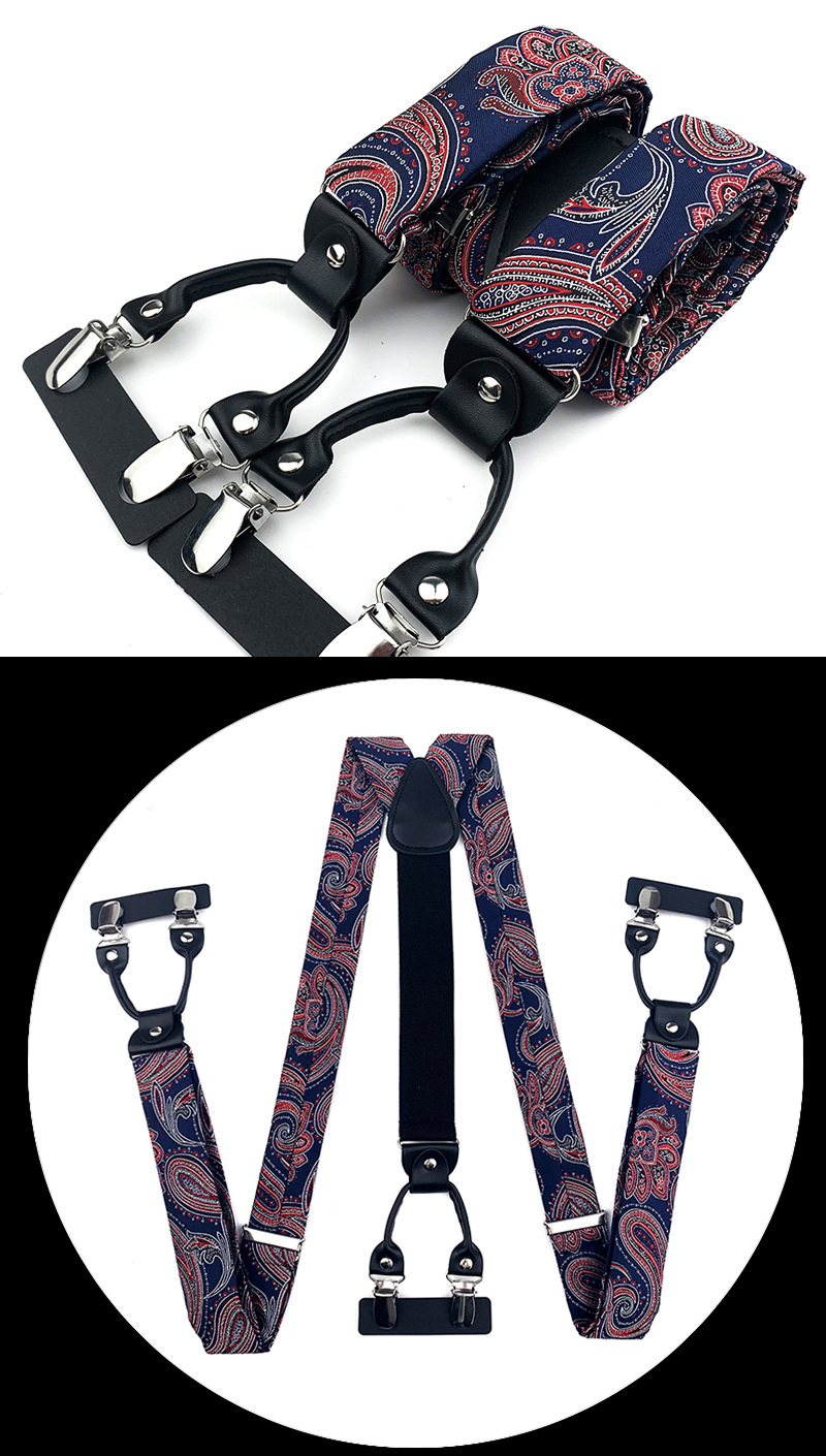 VEEKTIE Brand Suspender For Men 6 Snap Hooks Y-back Adjustable Jacquard Floral Check Shirts Paisley Yellow Blue Vintage Retro