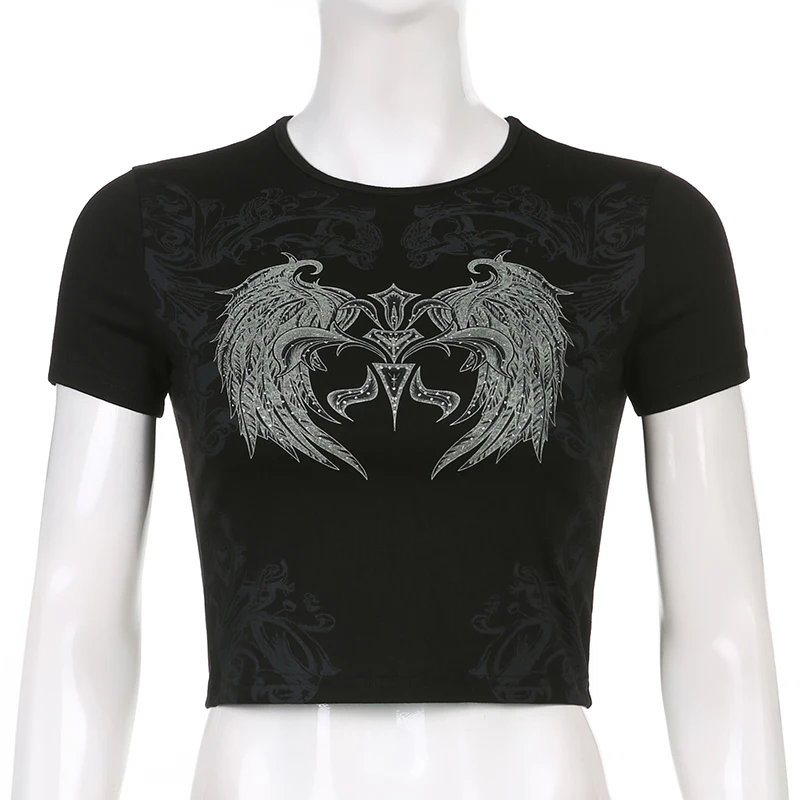 E-girl Gothic Wings Print Black T-shirt Harajuku Grunge Graphic Crop Top Punk Style Summer Slim Fit Pullovers Tees Women Clothes