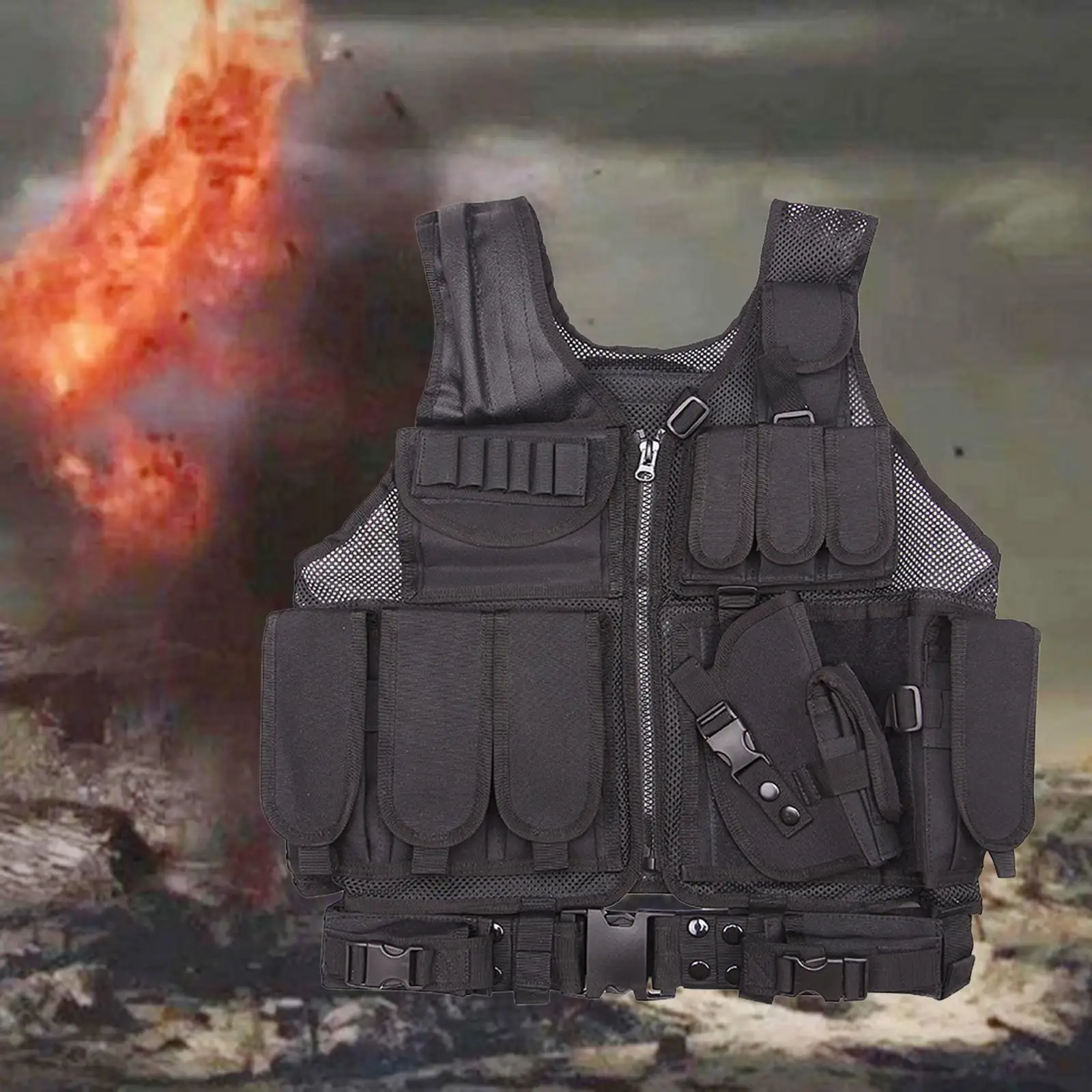 Men Tactical Vest 800D Oxford Cloth Adjustable Belt Straps Lightweight Breathable Training Vest
