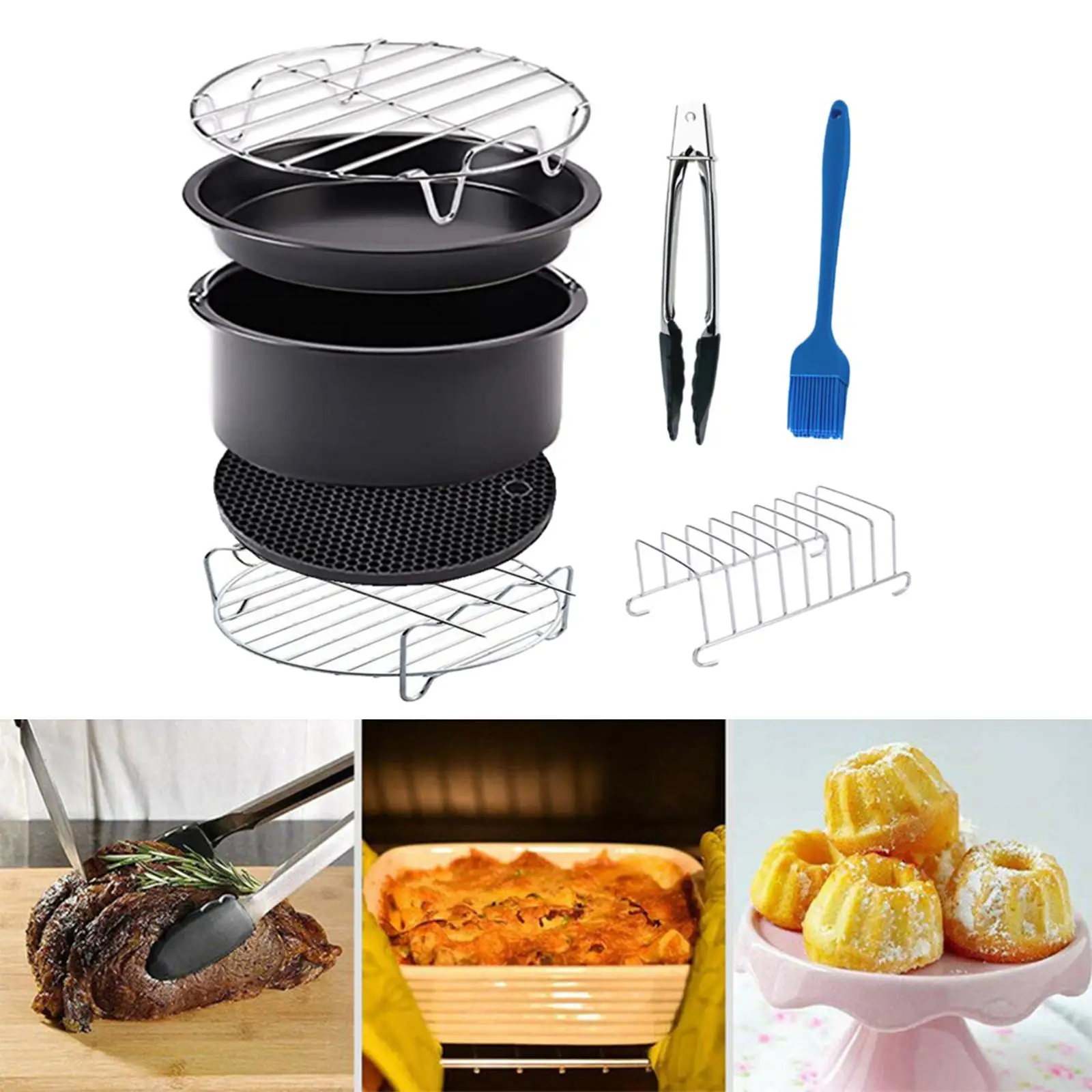 Air Fryer Accessories Air Fryer Liners Non Stick Grill Rack Cake Pan Oil Brush for Kitchen Household BBQ Cooking Baking