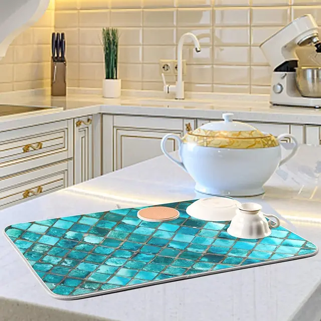 Marble Blue Dish Drying Mat for Kitchen Counter 18X24 Abstract