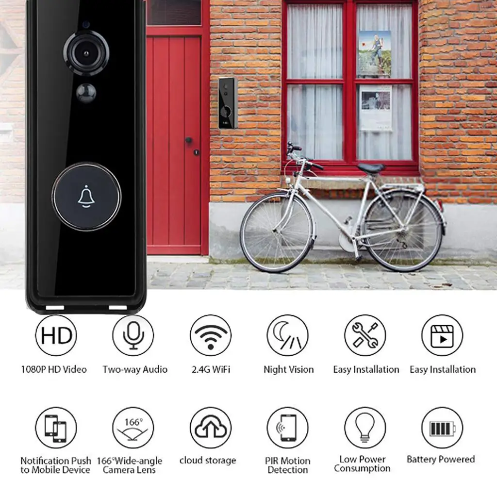 Wireless Video Doorbell Camera Battery Powered Motion Detection 2-Way Audio