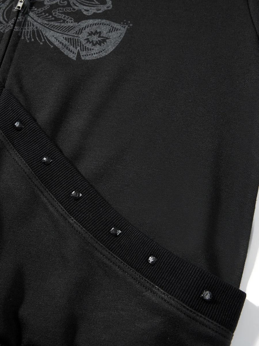 Women s Drawstring Rivet Hoodies Gothic Angel Wings Print Long Sleeve Full Zip Sweatshirts