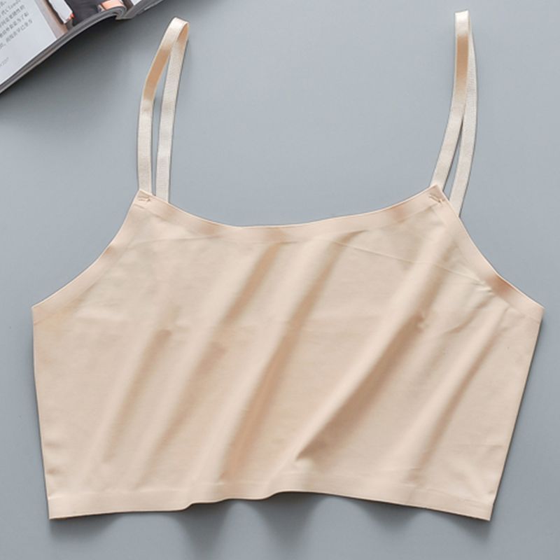 Description Picture 4 of itemWomen Girls Summer Ice Silk Crop Top Spaghetti Strap Seamless Bralette Solid Color Wire Free No Padded Basic Stretch Camisole