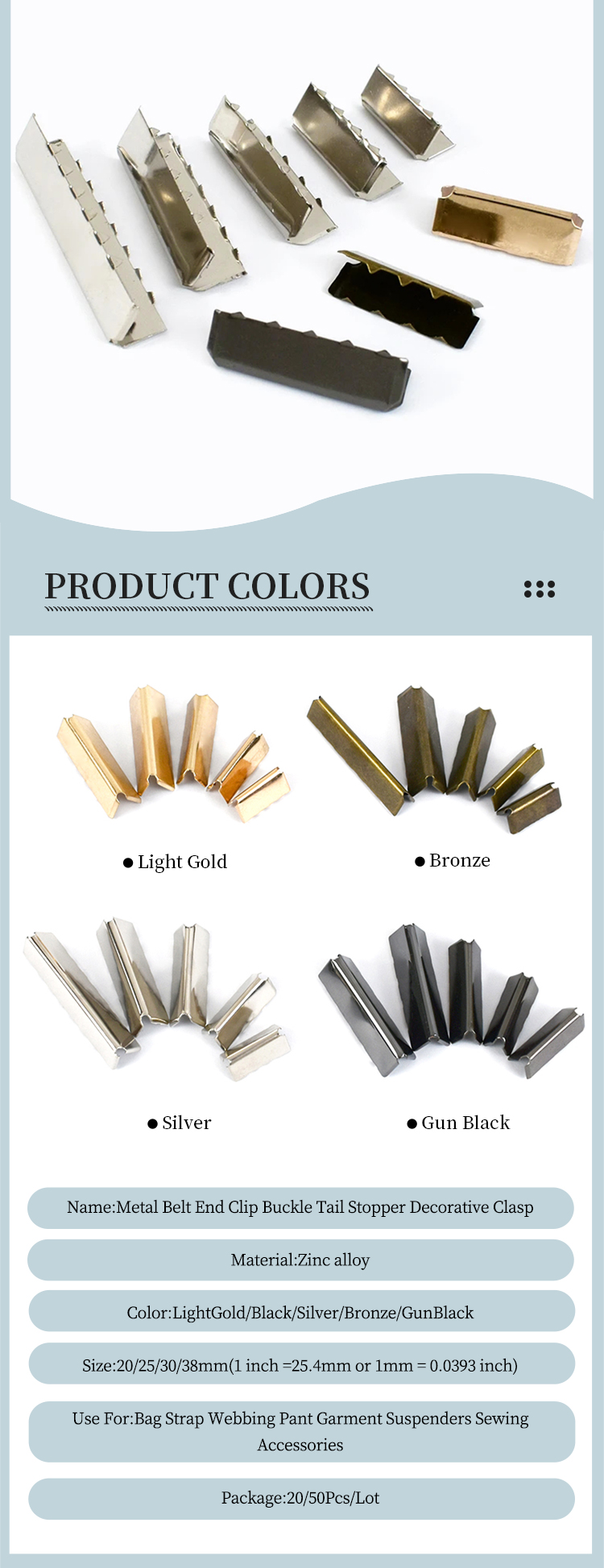Description Picture 2 of item10/20Pcs 20-38mm Metal Belt Tail Clip Webbing End Buckle Handbag Strap Tails Stopper for Bag Clothes DIY Hardware Accessories