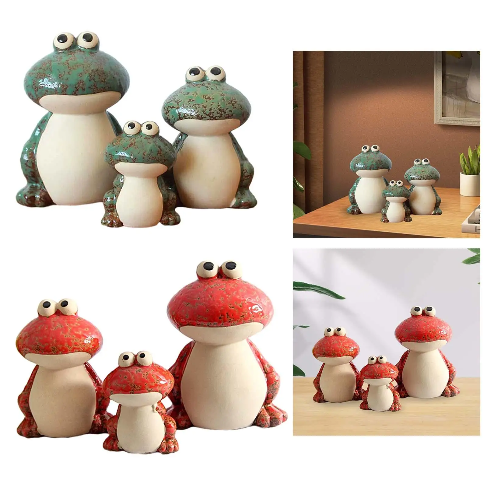 3x Ceramic Frog Statue Collection Frog Family Figurines Sculpture Ornament for Home Office Tearoom Cabinet Desktop Bedroom