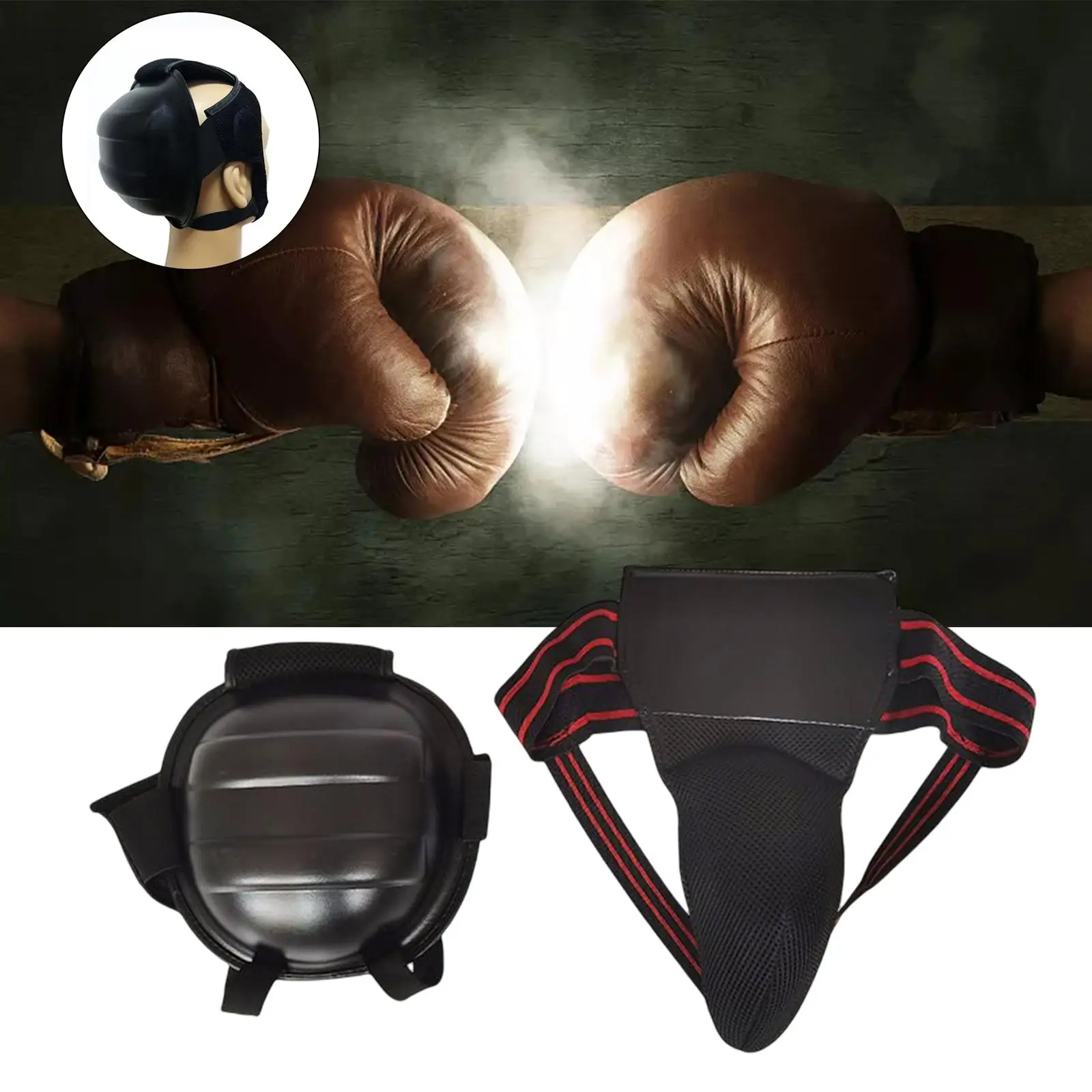 2Pcs Taekwondo Groin Protector Sanda Head Guard Adjustable Padded for Boxing Martial Arts MMA Fighting