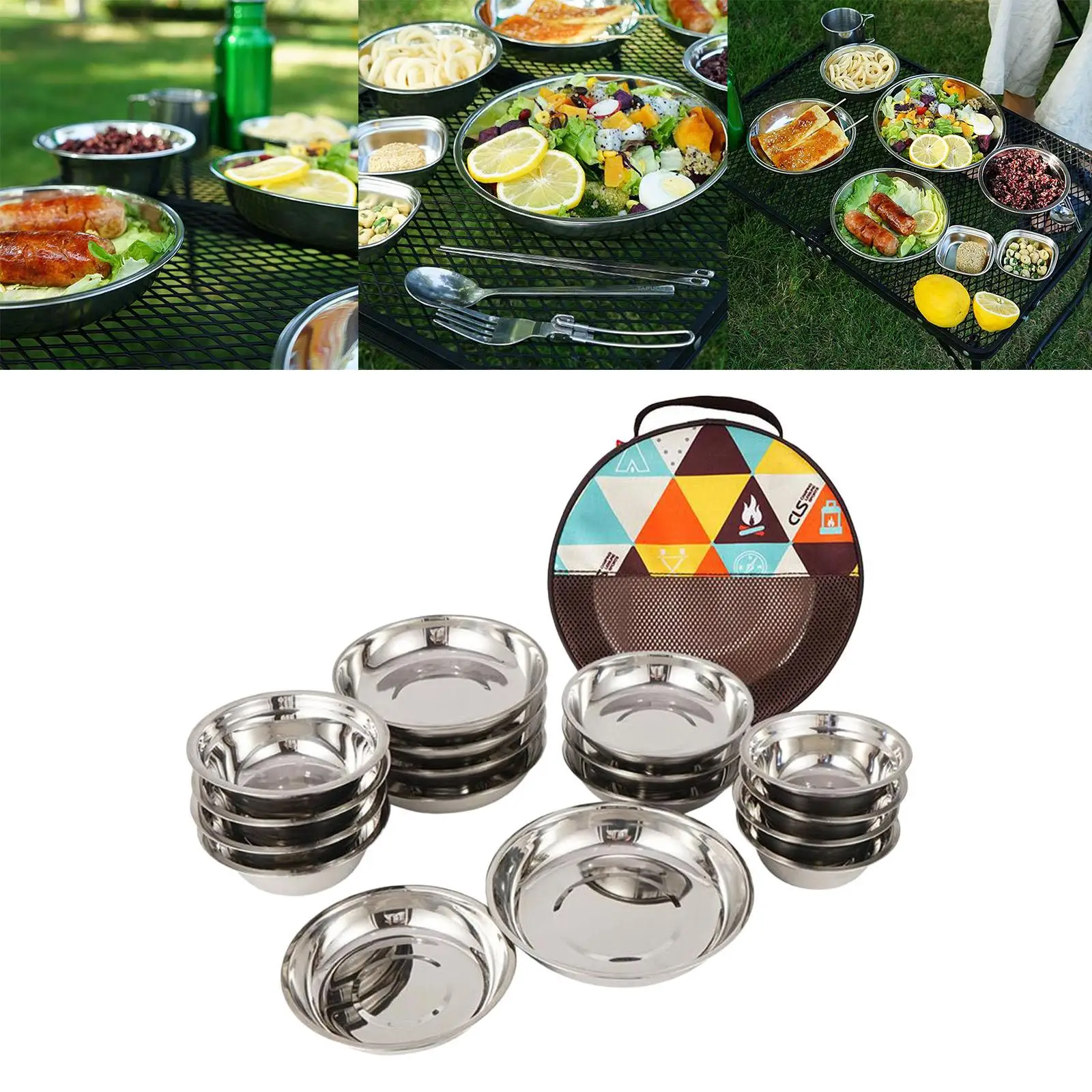 17Pieces Stainless Steel Plates and Bowls Set Small and Large Dinnerware