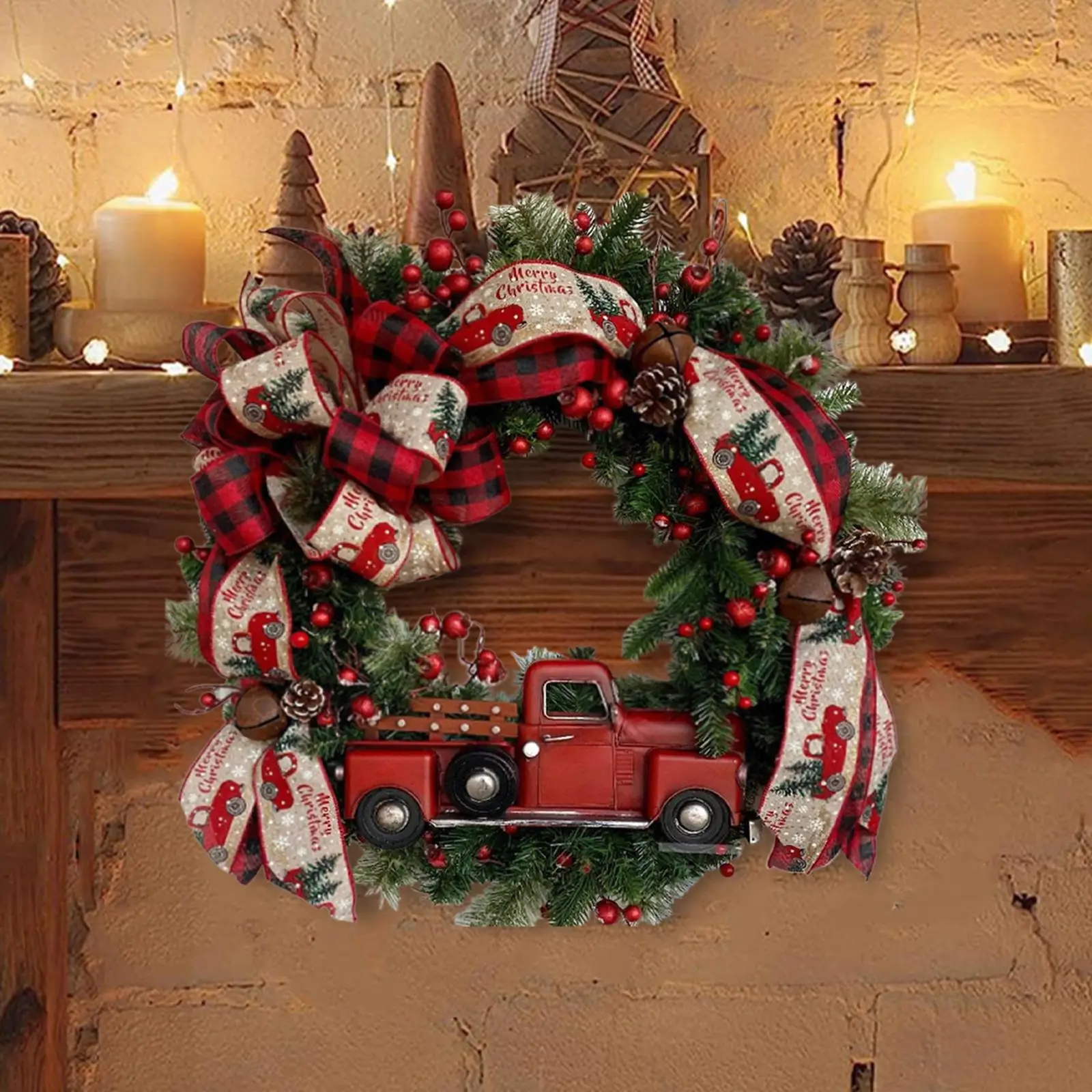 Christmas Wreath Red Car Decor Winter Wreath with Red Berries Decoration Green Leaves Wreath for Outdoor Garden Wall New Year