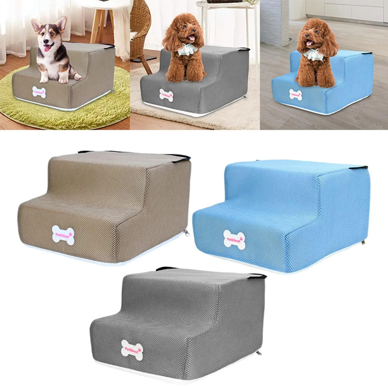 Breathable Pet Stair Steps W/ Washable Cover Mesh Stairs Pet Dog Dog Steps High Density Sponge Ramp Stairs for High Bed Cats