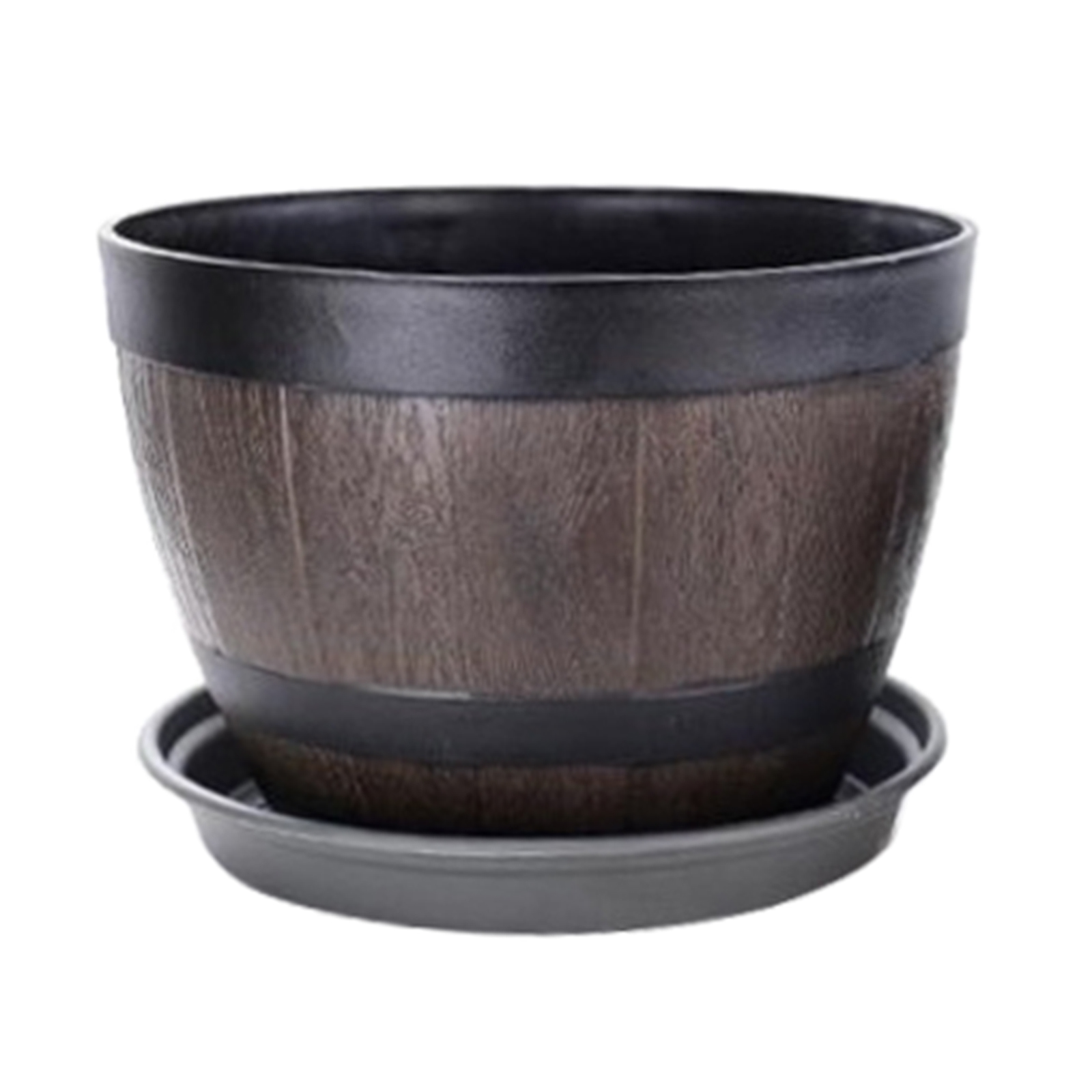 Retro Resin Barrel Flower Pot with Tray 12inch Indoor Garden Planter