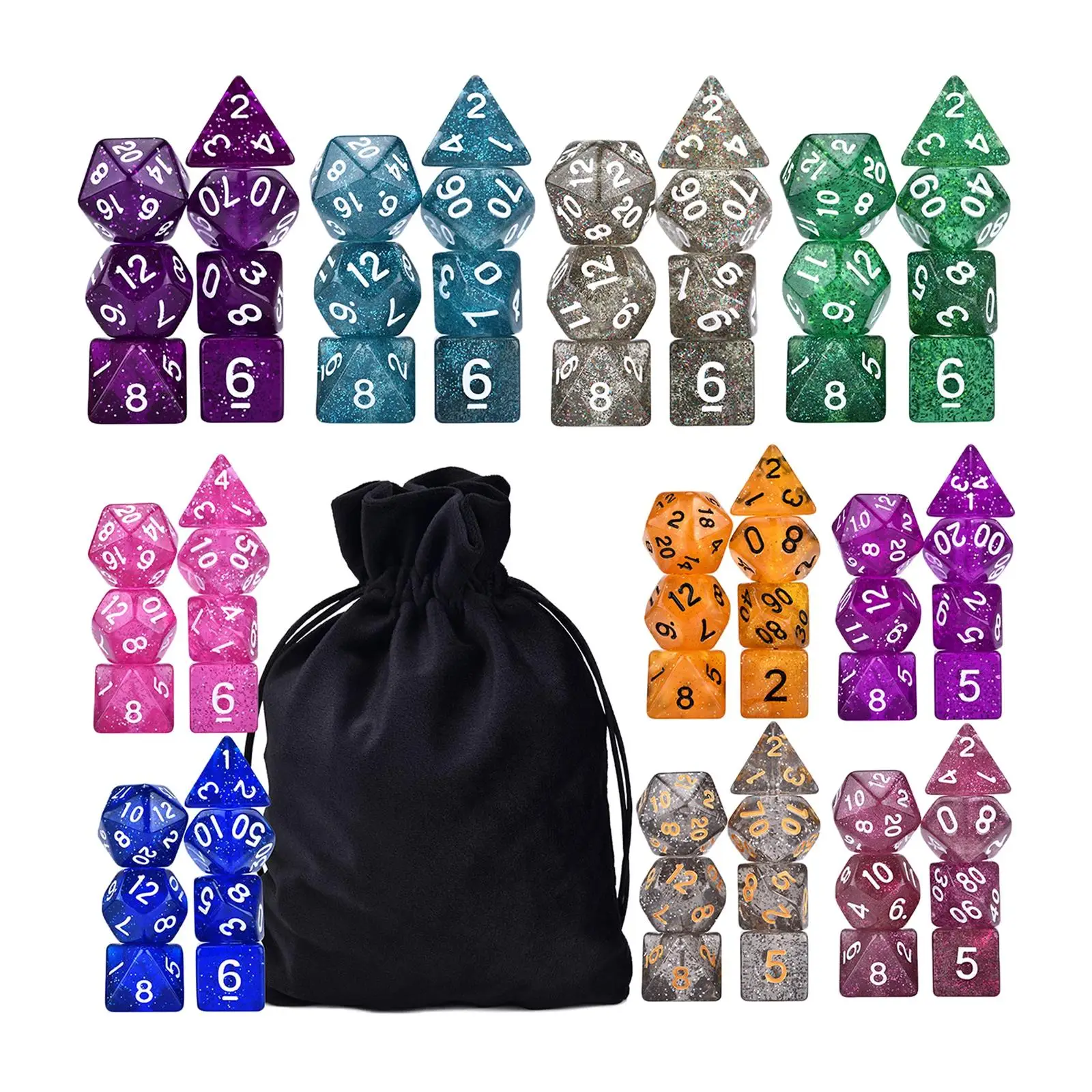 70Pcs Acrylic Polyhedral Dice Set Double Colors D4-D20 with Storage Bag for Role Playing MTG DND Math Teaching Table Games