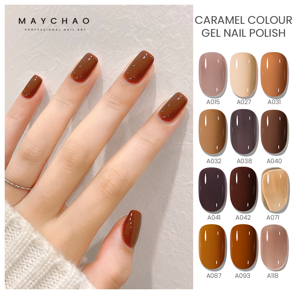 Best of MAYCHAO Brown Caramel Colour Gel Nail Polish 2023 Semi Permanent UV LED Winter Series Soak Off Nail Gel Top Coat Nail Art Design Reviews & Tips