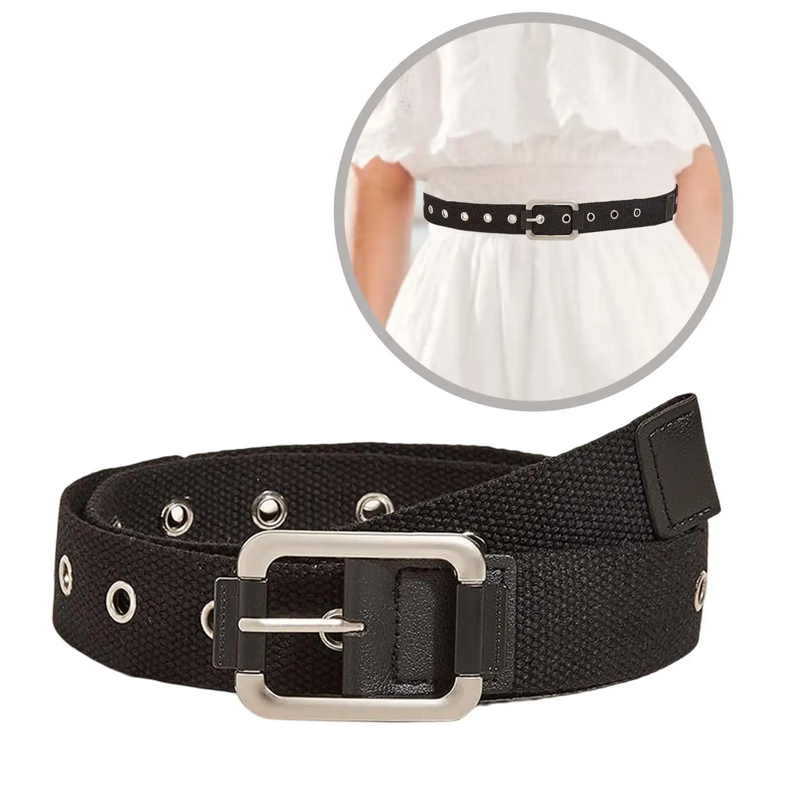 Unisex Waist Belt Casual Single Row Hole Decorative Black Canvas Pin Buckle Belt for Party Sweaters Jackets Street Travel