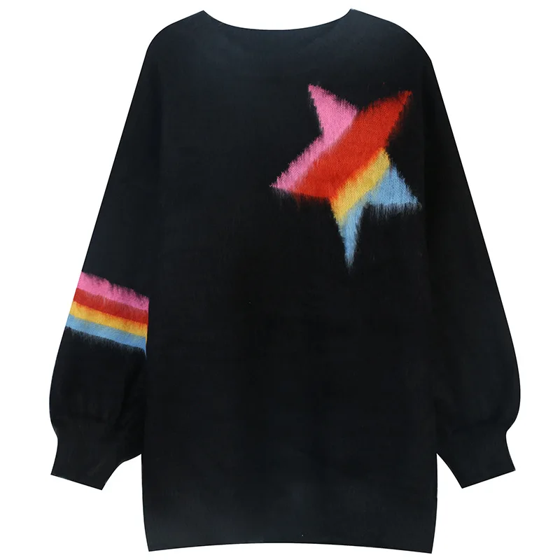 Autumn Winter Rainbow Five-pointed Star Sweet and Loose Sweater Women Pullovers Casual Split Korean Knitwear Plus Size Jumper cardigan