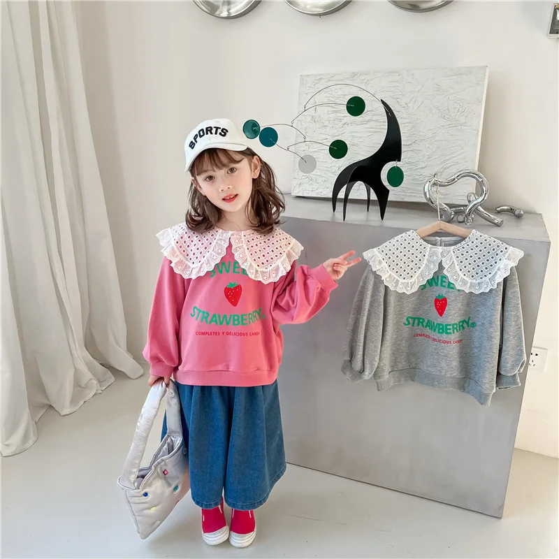 oversized children's hoodie 1078C New Korean Children Sweatershirt Girl's Sweet Hoodies Spring 2022 New Lace Lapel Strawberry Letter Printed Girl Pullover child hoodie vest