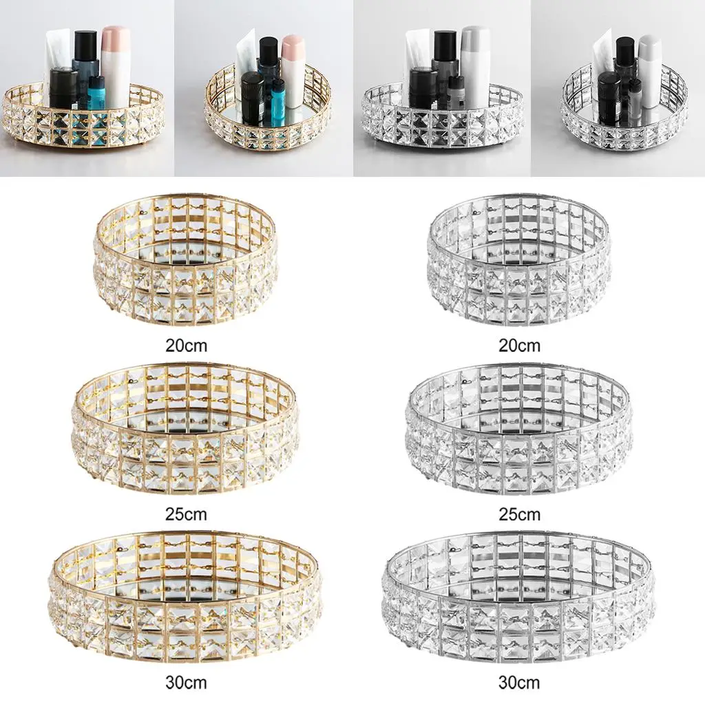 Retro Style Metal Crystal Mirror Tray Vanity Perfume Jewelry Trinket Necklaces Snack Dessert Serving Trays Wedding Bathroom 