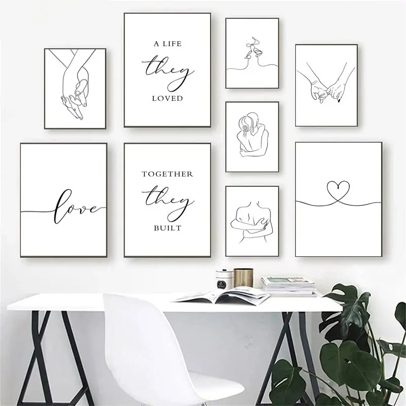 Black White Couple Line Wall Art Canvas Painting Line Drawing Hand Love Kiss Posters and Prints Nordic Picture Living Room Decor