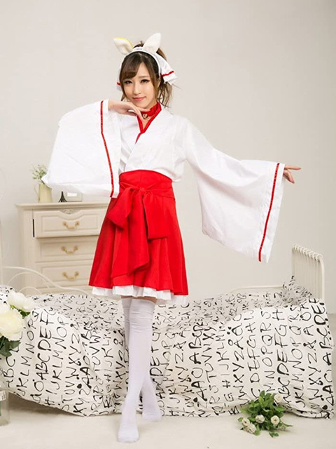 Japanese Anime red and White Kimono Fox Cosplay Costume with Socks