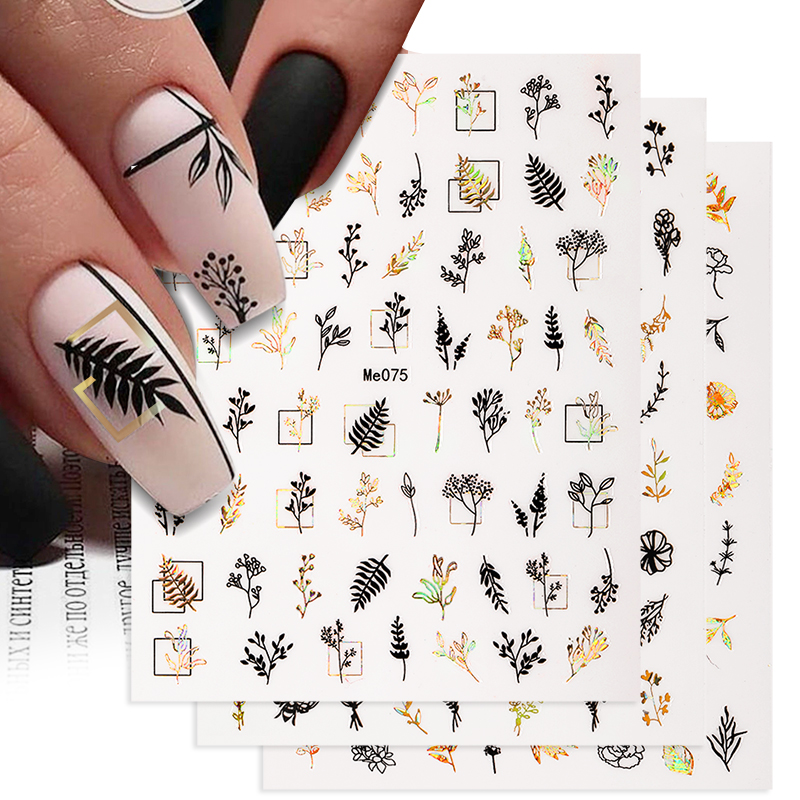 1 Pc 3D Nail Stickers Leaves Sliders for Nails Gold White Bronzing Flowers Gradient Adhesive Sticker Nail Design Art Decorations