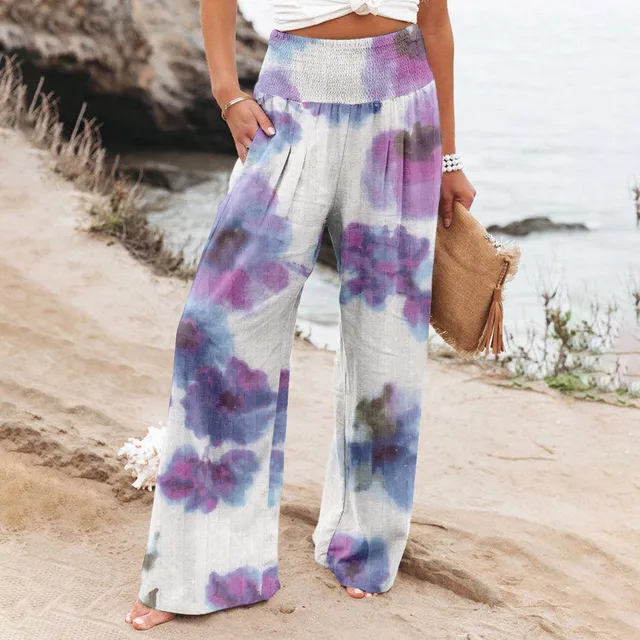 Summer Women Floral Print Wide Leg Pants Casual Flower Boho Style