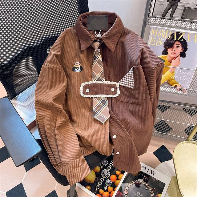 2023 New Autumn/Winter Fashion Hong Kong Style Polo Necktie Loose Relaxed  Retro Contrast Color Dog Embroidered Corduroy Shirt - AliExpress