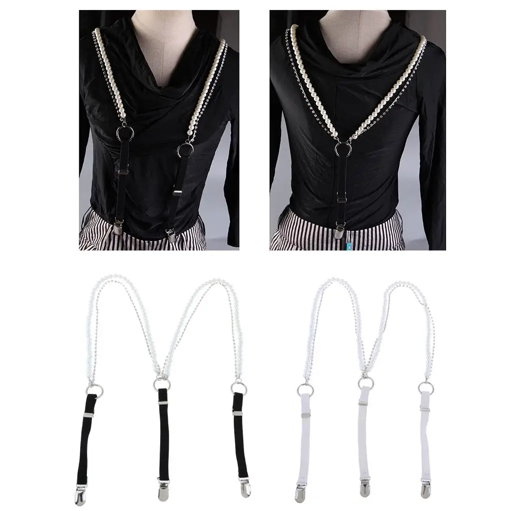 Ladies Pearl Beading 22x1.4cm Elastic Shirt  Rhinestone Suspenders
