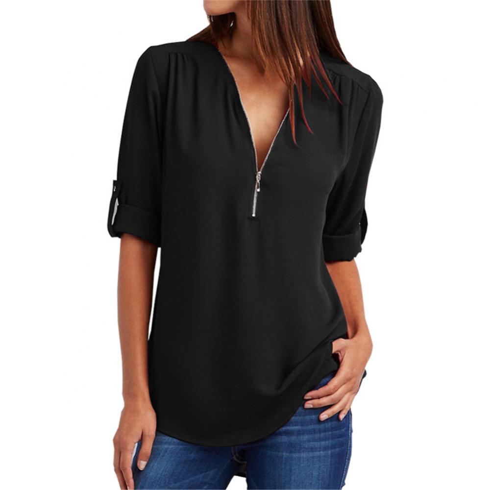 Title 16, Casual Office Lady Blouses Sexy Solid Color Zip...