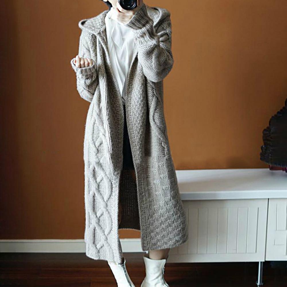 2022 Vinter revers strik cardigan kvindelige temperament frakke Casual tyk lang strikket cardigan kvinde plus størrelse ren farve_voghion.com