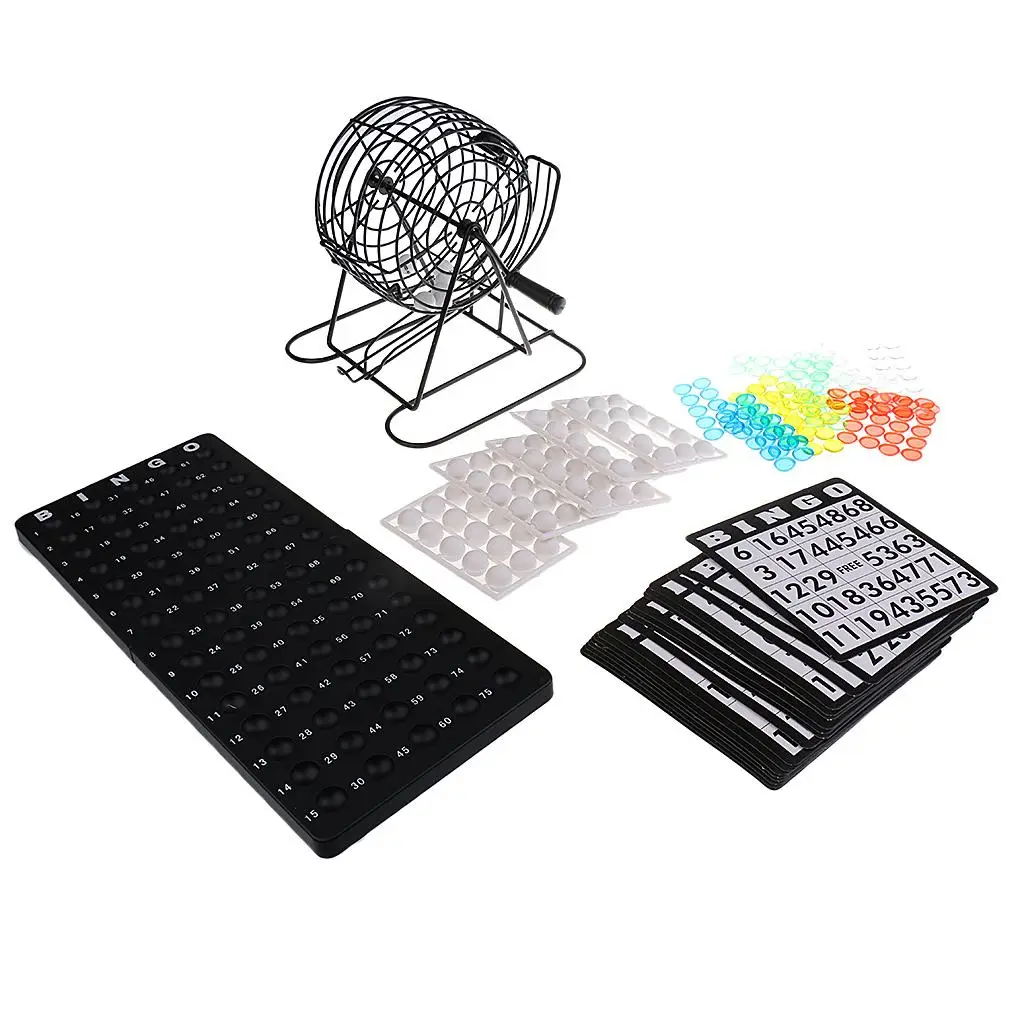 Small Home Bingo , Metal Bingo Cage Include 75Pcs Balls, Bingo Chips, Bingo Board, 18 Bingo Cards