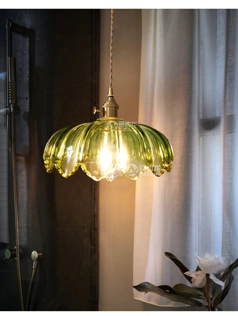 Nostalgic Pastoral Lamps Restaurant Cafe Pure Copper Green Glass Retro Style Chandelier Pendant Lights  Restaurant Light  Lamp