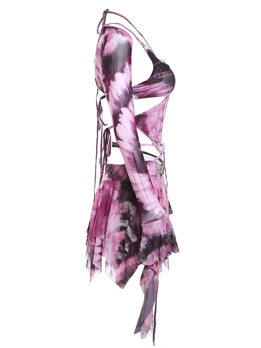 Frauen y2k 3 Stück Sommer Outfits Mode ästhetische Langarm Achsel zucken Tops Krawatte Dye Print Weste unregelmäßigen Minirock Set für Party – Detail 24