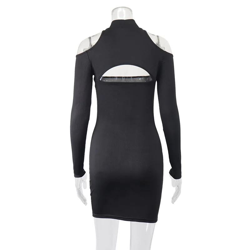 2022 Women New Dresses Sexy Hollow Out Design Mini Club Party Dress Black Slim Long Sleeve Dresses For Ladies black dress
