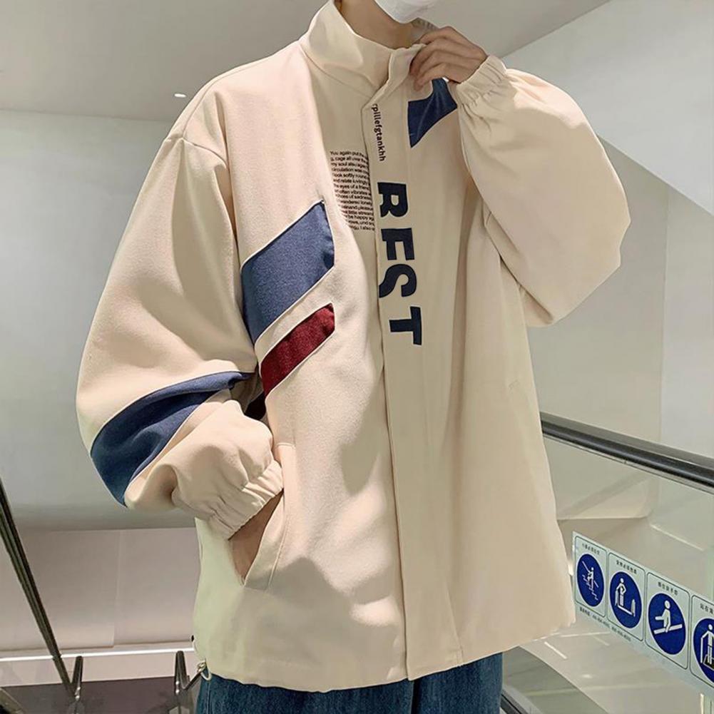 Description Picture 6 of itemSpring Autumn Men Jackets Letter Print Stand Collar Trench Coat Patchwork Color Pockets Single Breasted Zipper Placket Jacket