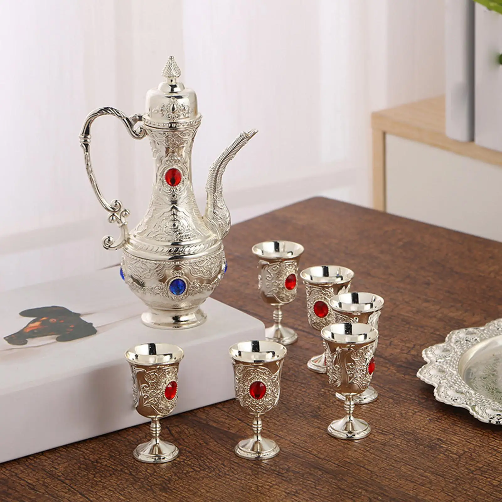 6Pcs Metal Wine Liquor Decanter Set with Tray Wine Glass Jug Set for Table Decoration
