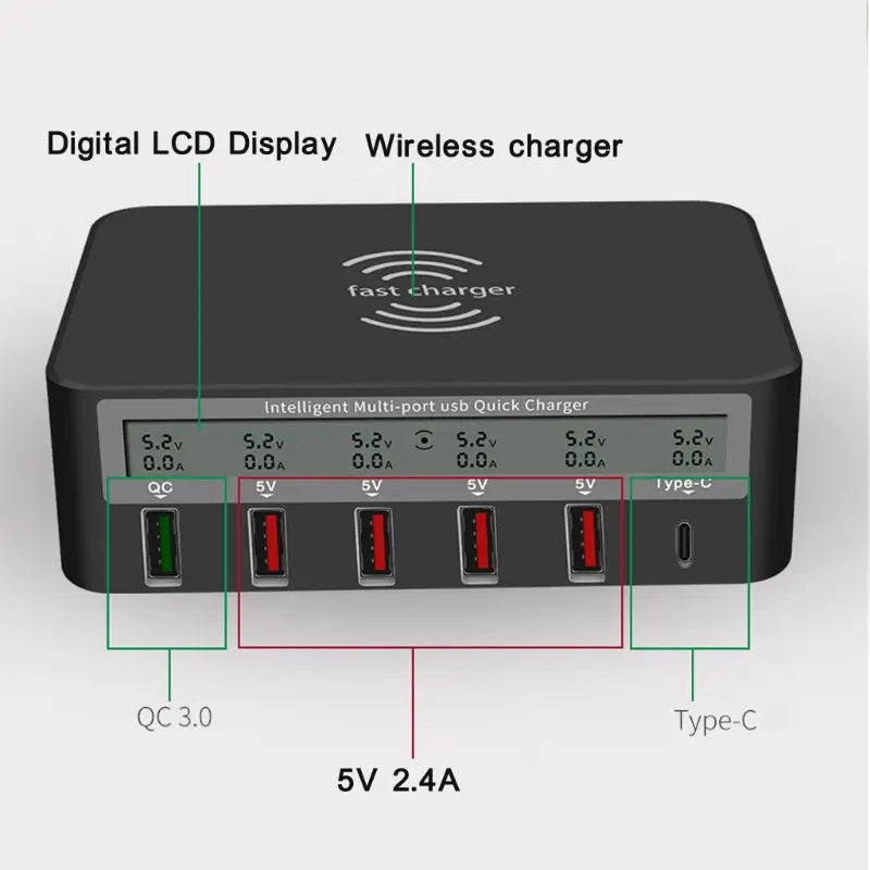 Type C Qi 5-Port USB 5-Port QC 3.0 Charging Station For IPhone IPad EU