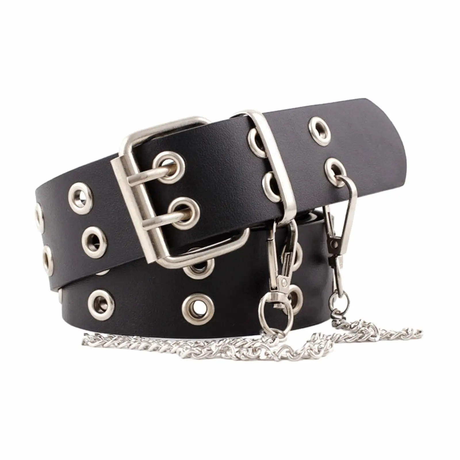 Double Grommet Belt with Chain PU Leather Rock Adjustable with 2 Holes Eyelet Gothic Punk Belt for Club Jeans Cosplay Women Men