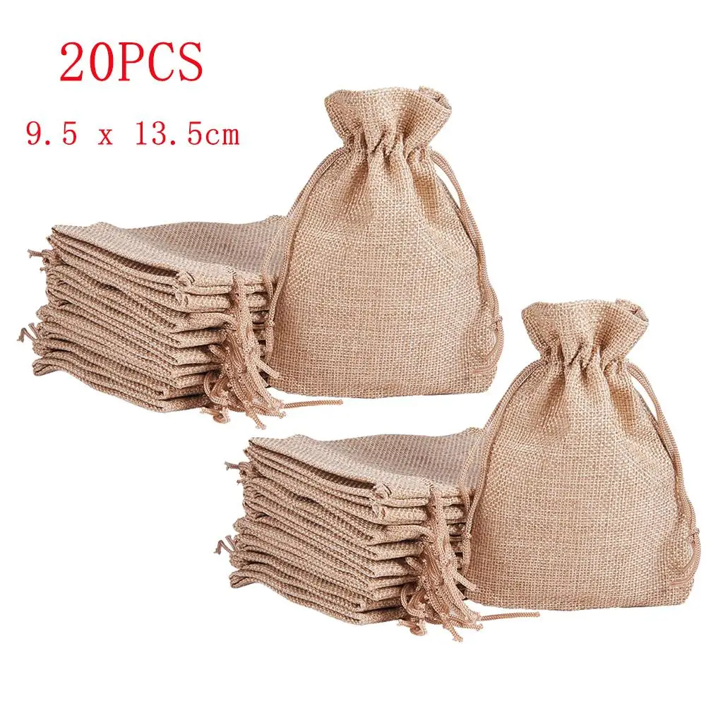 Set of 20 Natural Burlap Bags with Drawstring, Reusable Linen Pouches, Perfect