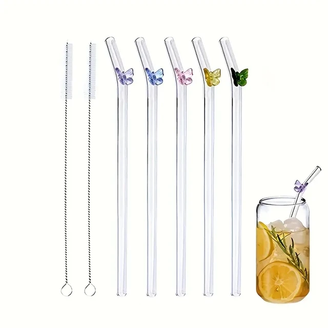 7pcs Cute Butterfly Glass Straws Reusable Food Grade Transparent Curved  Straw Decorative Gifts for Children's Birthday Parties - AliExpress